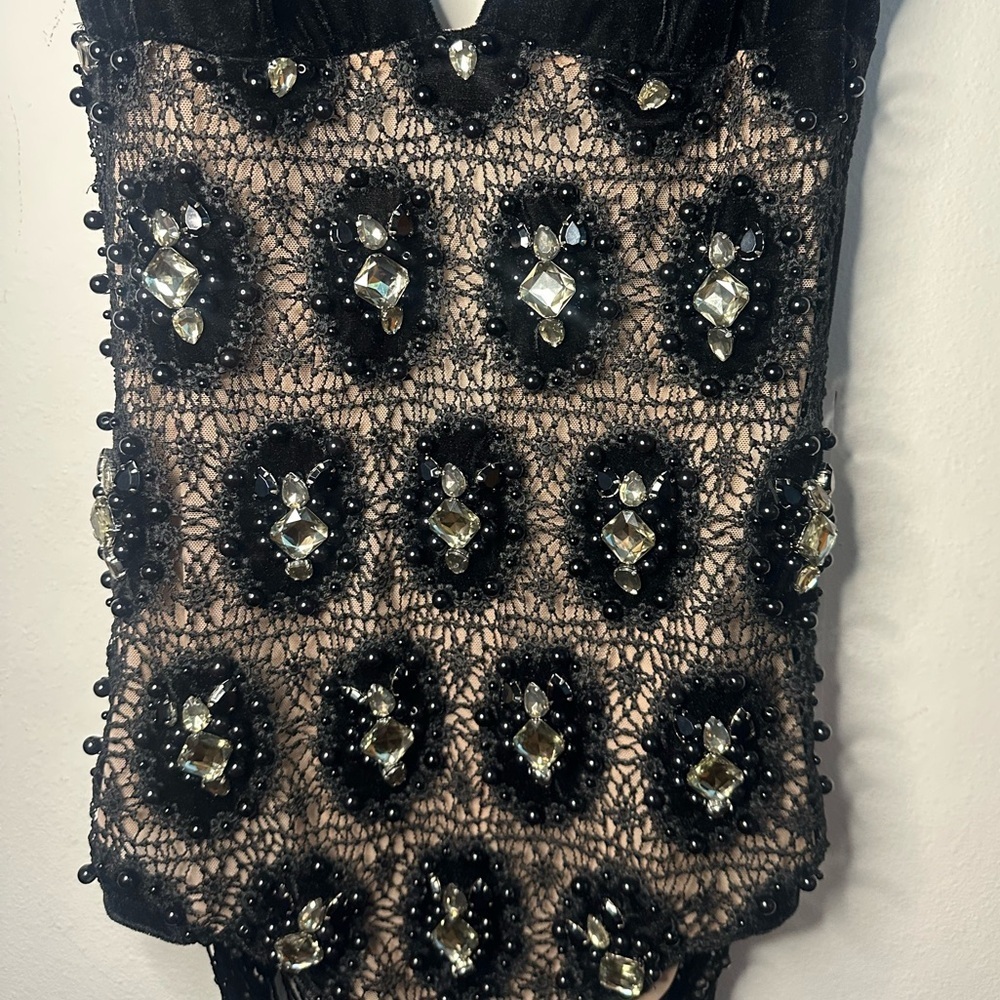 NWT PATBO black velvet fringe mini dress hand beaded rhinestone crochet Gatsby - Picture 10 of 16